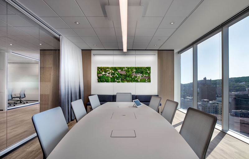 A large and bright boardroom with a living plant wall at the far end